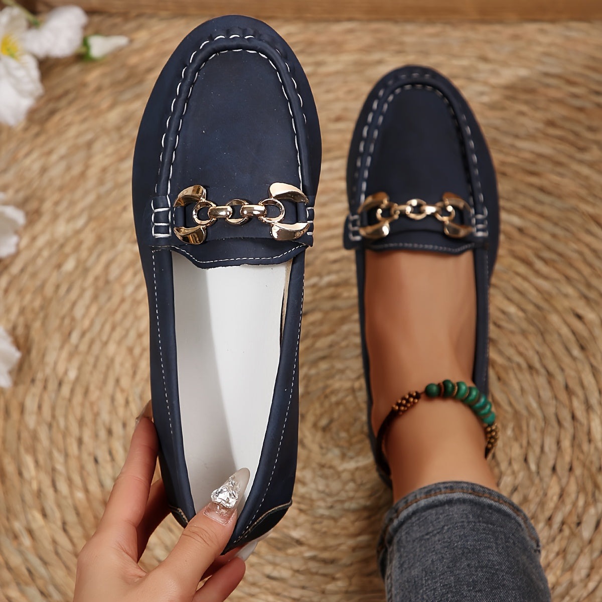 Women's Slip-On Loafers - Comfortable Flat Shoes with Metallic Buckle