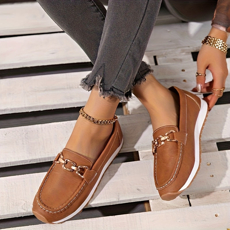 Red Faux Loafers with Gold Buckle - Slip-On Casual Flats
