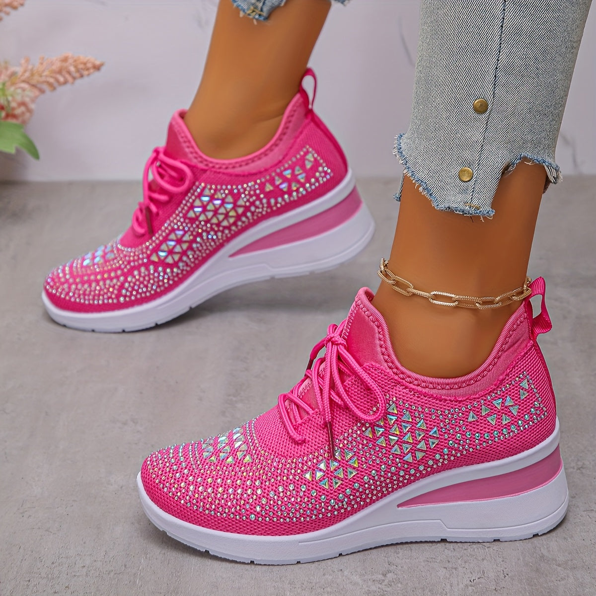 Rhinestone-Embellished Black Sneakers - Comfortable Low-Top Lace-Up Casual Shoes
