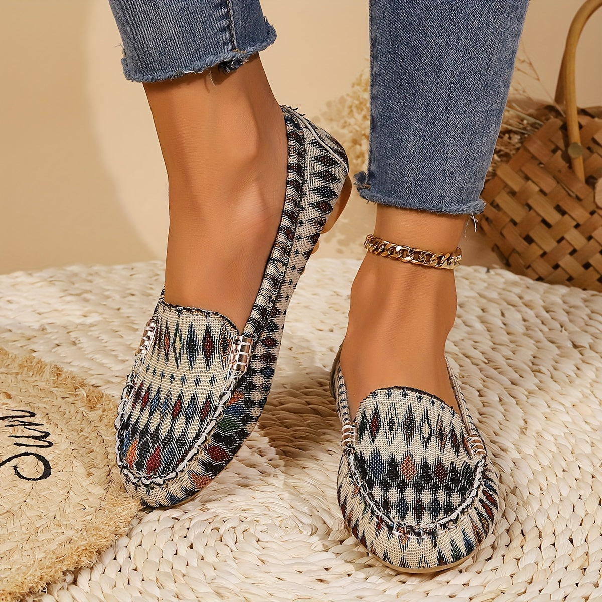 Women's Printed Flat Loafers - Casual Slip-On Closed Toe Shoes