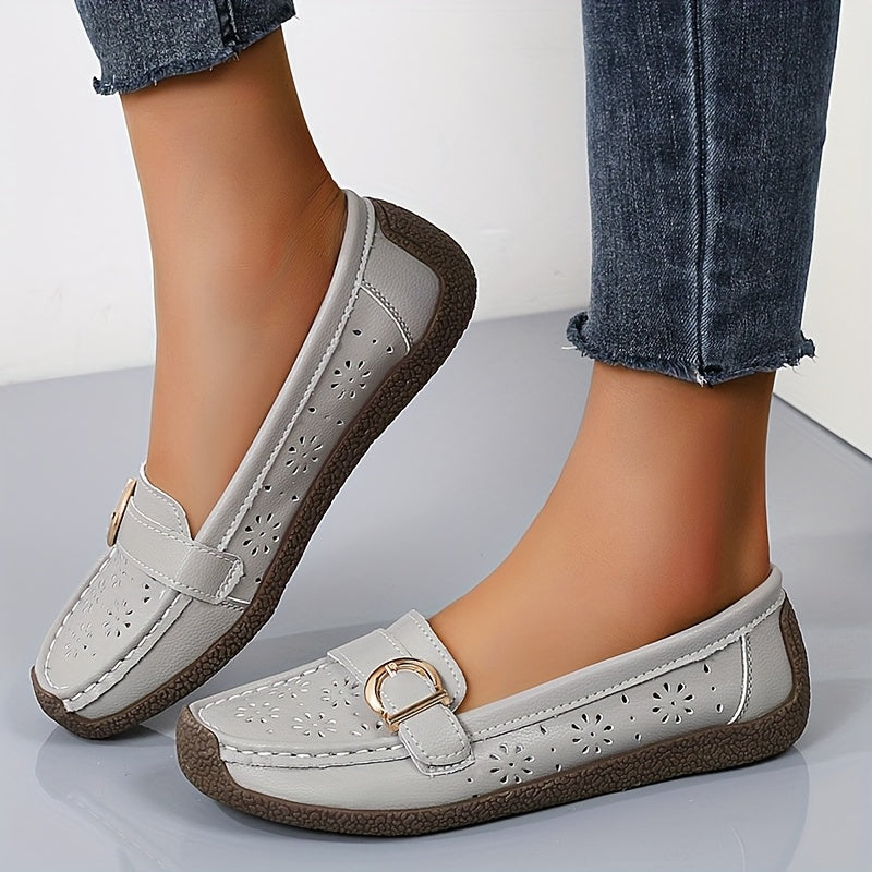 White Slip-On Loafers with Ventilation Holes & Gold Buckle - Lightweight Summer Shoes