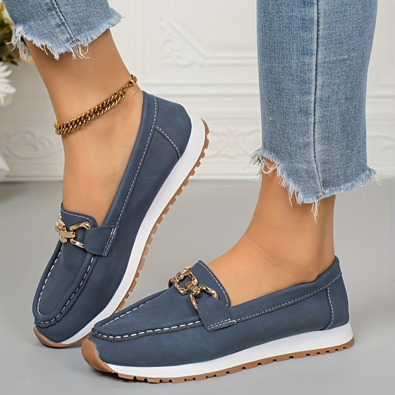 Red Faux Loafers with Gold Buckle - Slip-On Casual Flats