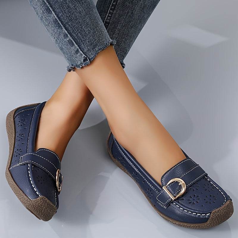 White Slip-On Loafers with Ventilation Holes & Gold Buckle - Lightweight Summer Shoes