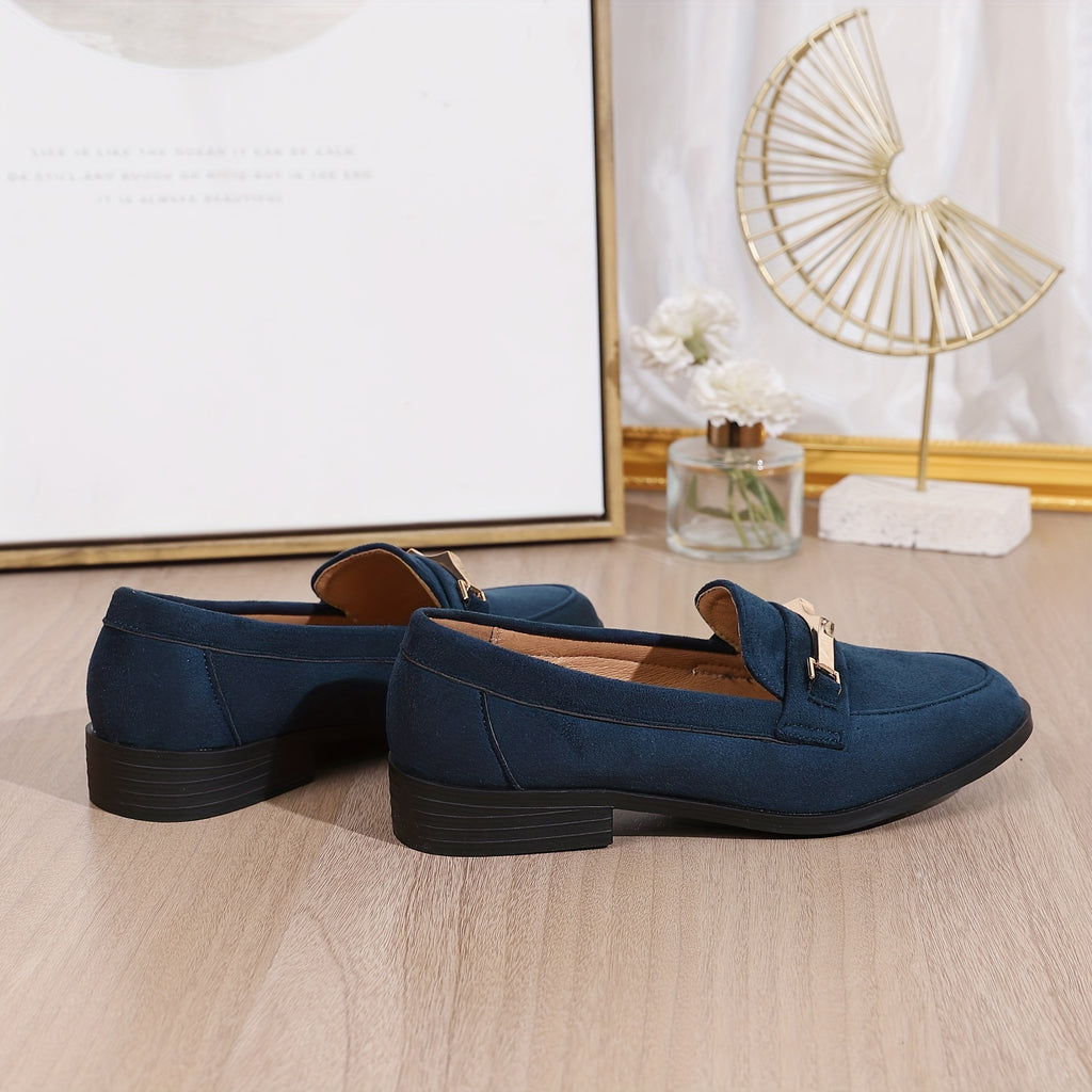 Chic Metallic Accent Women's Loafers - Breathable Slip-Ons in Solid Colors, British Style, Round Toe