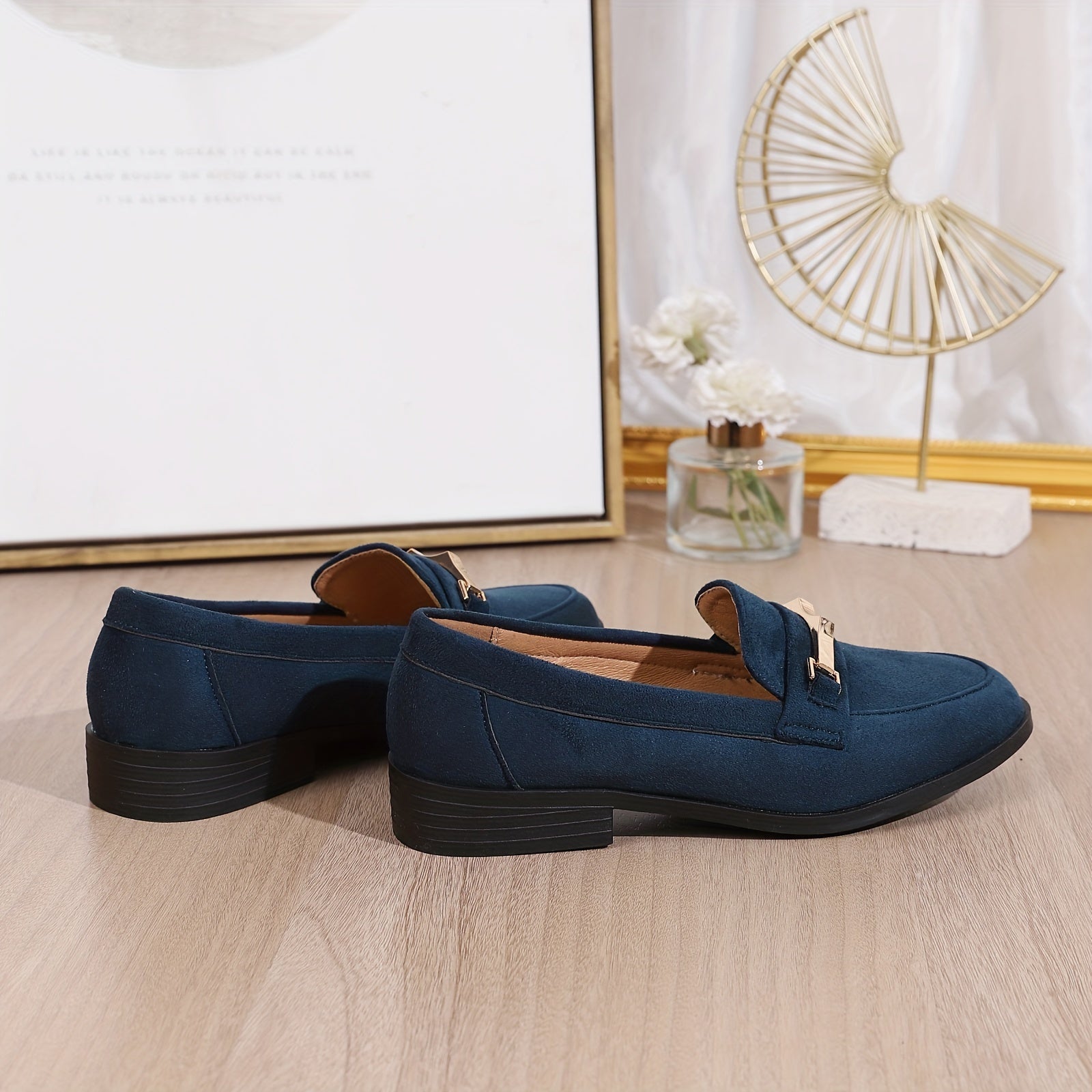 Chic Metallic Accent Women's Loafers - Breathable Slip-Ons in Solid Colors, British Style, Round Toe