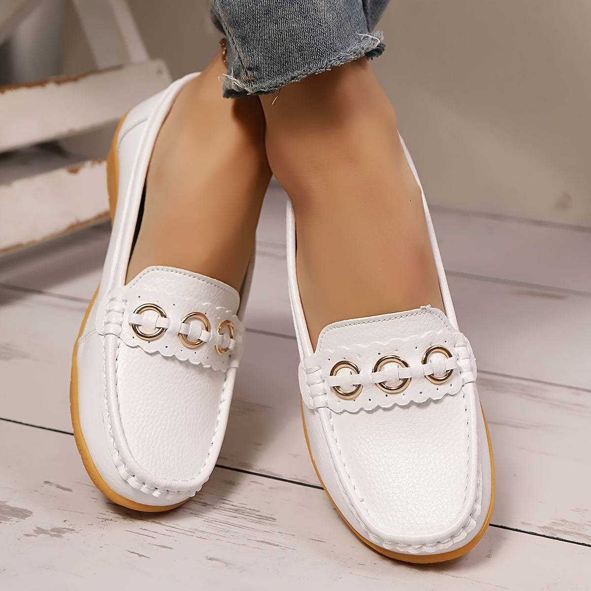 White Slip-On Loafers with Gold Accents - Casual Flat Shoes