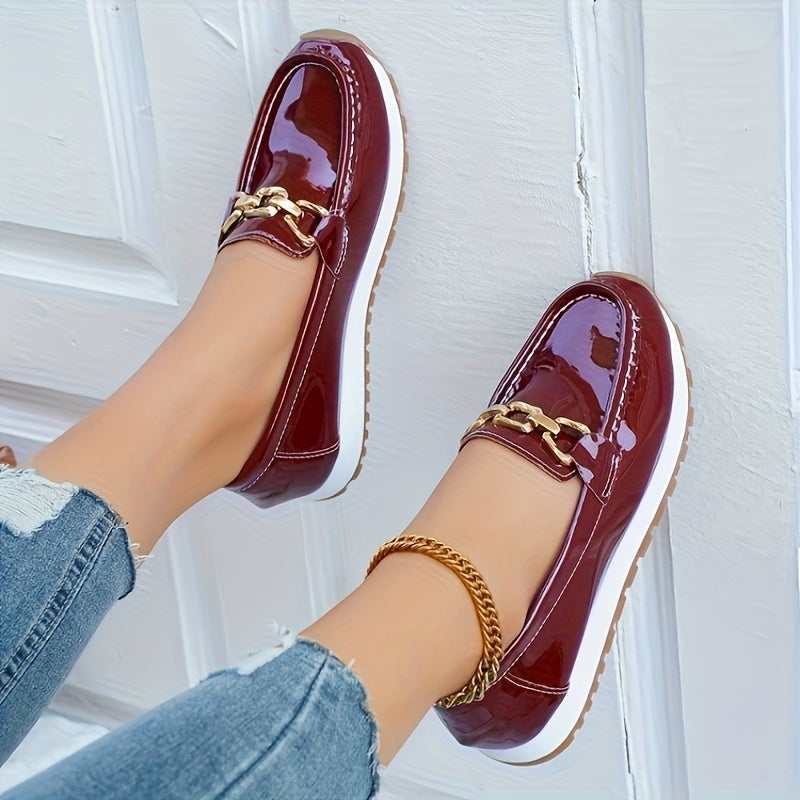 Red Faux Loafers with Gold Buckle - Slip-On Casual Flats