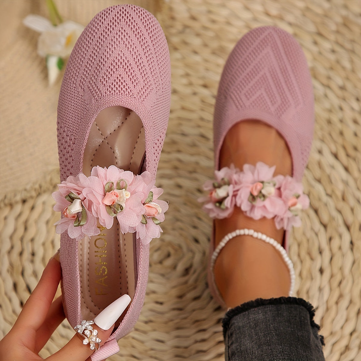 Floral Slip-On Round Toe Flats with Ankle Strap