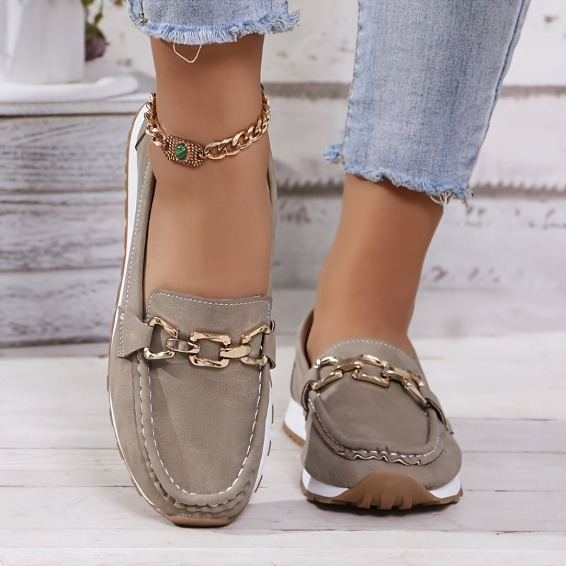 Red Faux Loafers with Gold Buckle - Slip-On Casual Flats