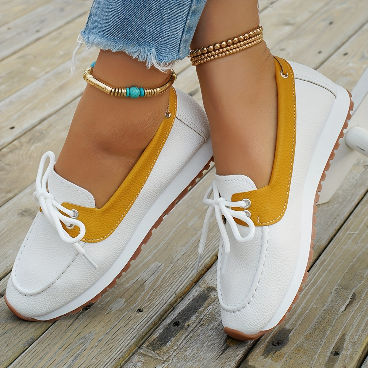 Women's Slip-On Loafers - White & Mustard Casual Shoes with Rubber Sole