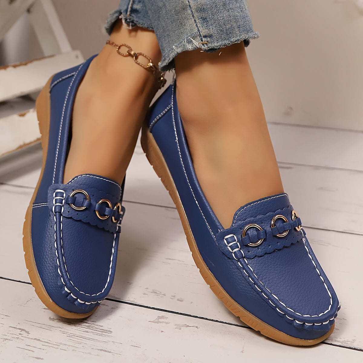 White Slip-On Loafers with Gold Accents - Casual Flat Shoes