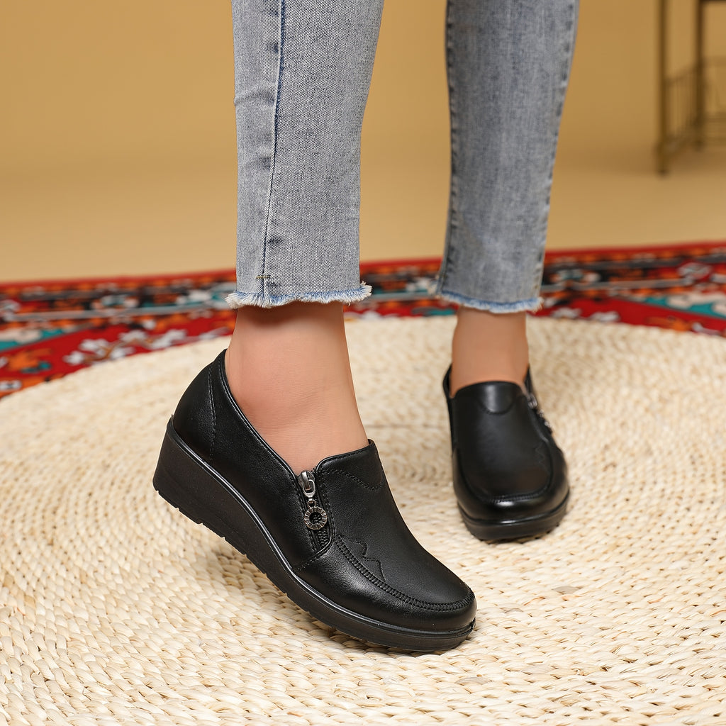 Women's Side Zipper Embroidered Loafers - Comfortable Round Toe Work Shoes