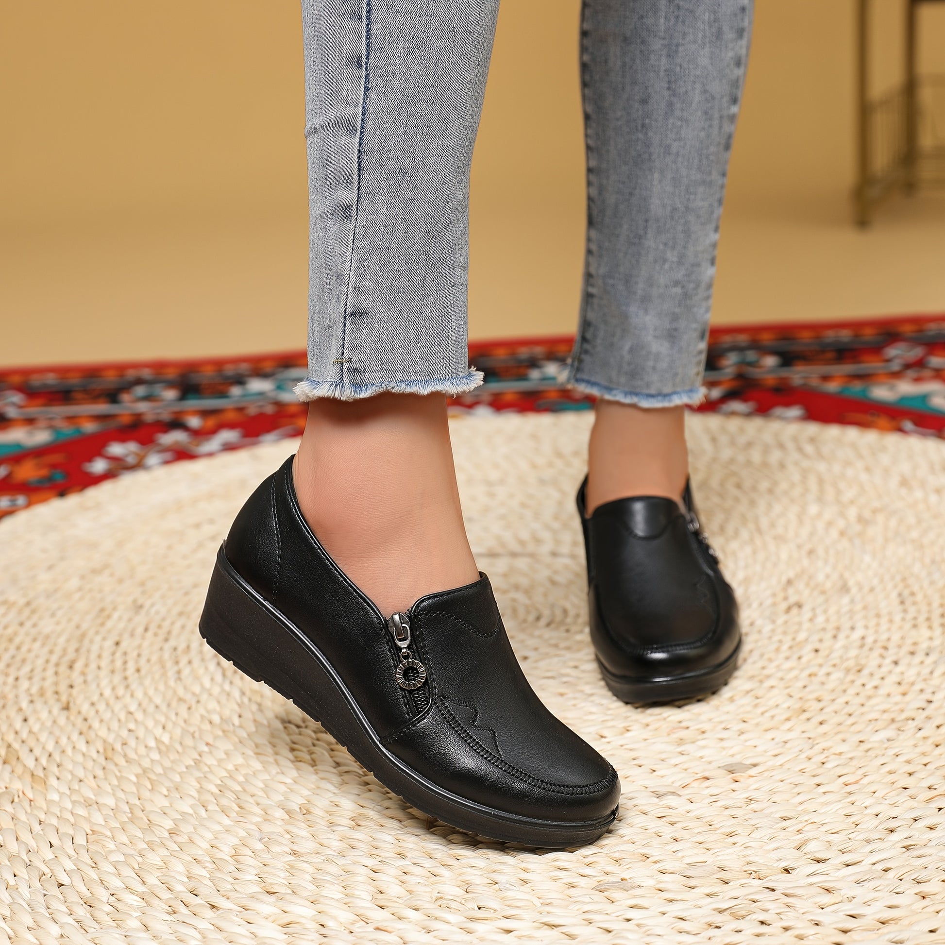 Women's Side Zipper Embroidered Loafers - Comfortable Round Toe Work Shoes