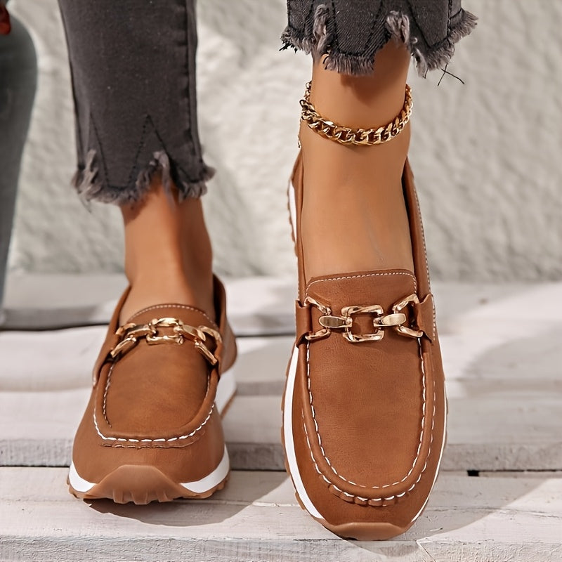 Red Faux Loafers with Gold Buckle - Slip-On Casual Flats