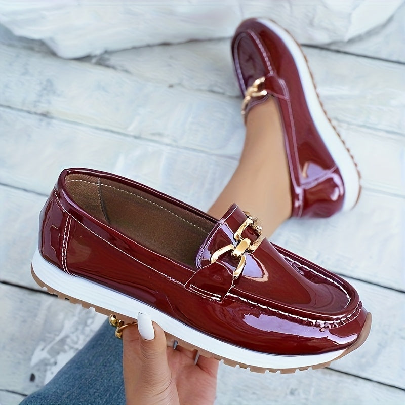 Red Faux Loafers with Gold Buckle - Slip-On Casual Flats