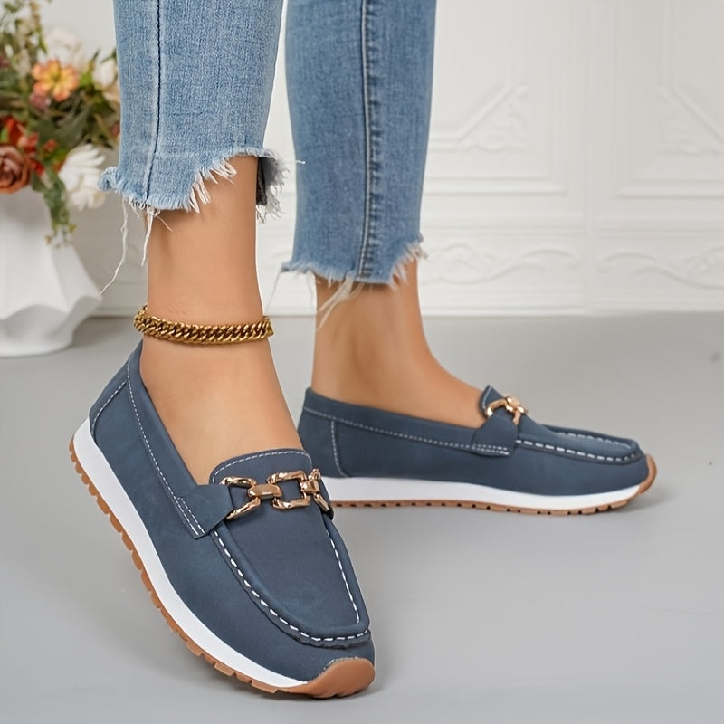 Red Faux Loafers with Gold Buckle - Slip-On Casual Flats