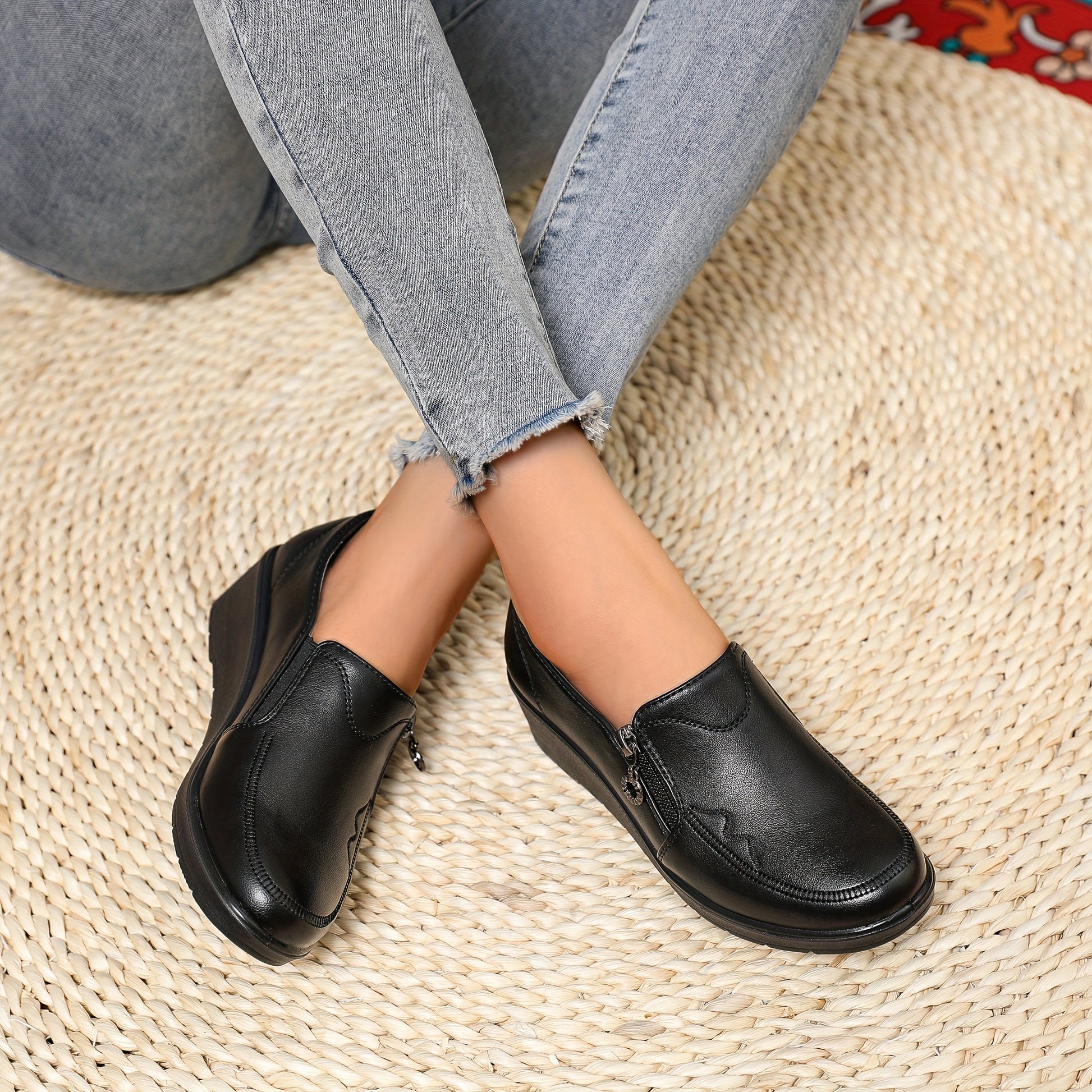Women's Side Zipper Embroidered Loafers - Comfortable Round Toe Work Shoes