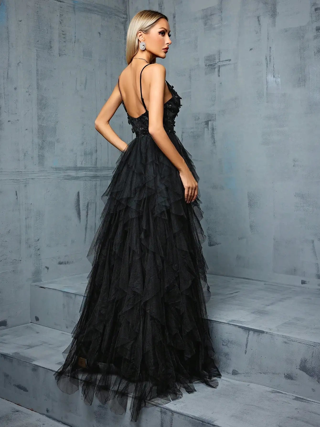 V-neck sexy three-dimensional embroidery Mosaic three-dimensional mesh lotus skirt swing slit long evening gown PROMdress