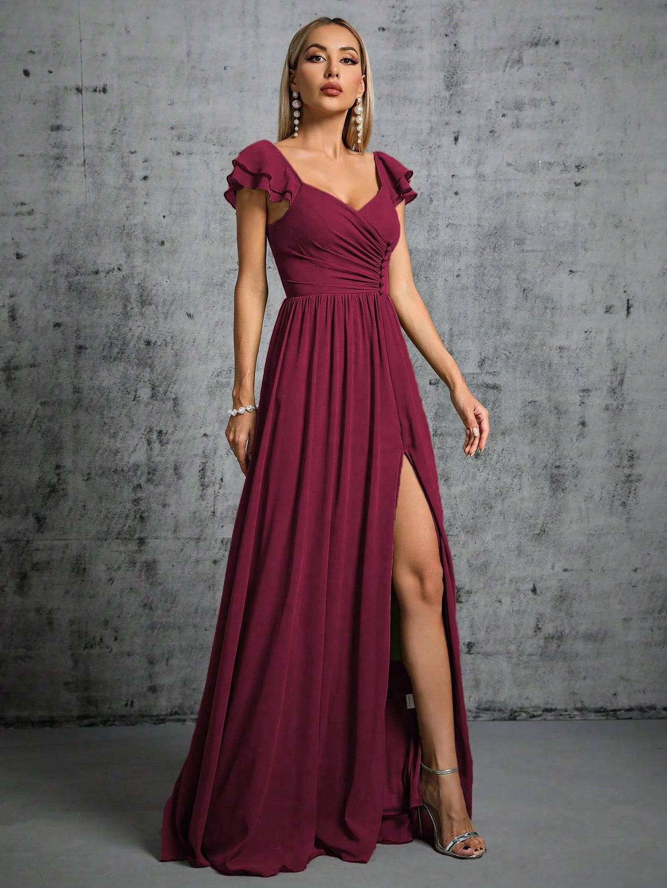 Mgiacy Hufeisenkragen, Rüschenärmel, Verschluss, offener Abendkleid, Ballkleid, Partykleid, Brautjungfernkleid