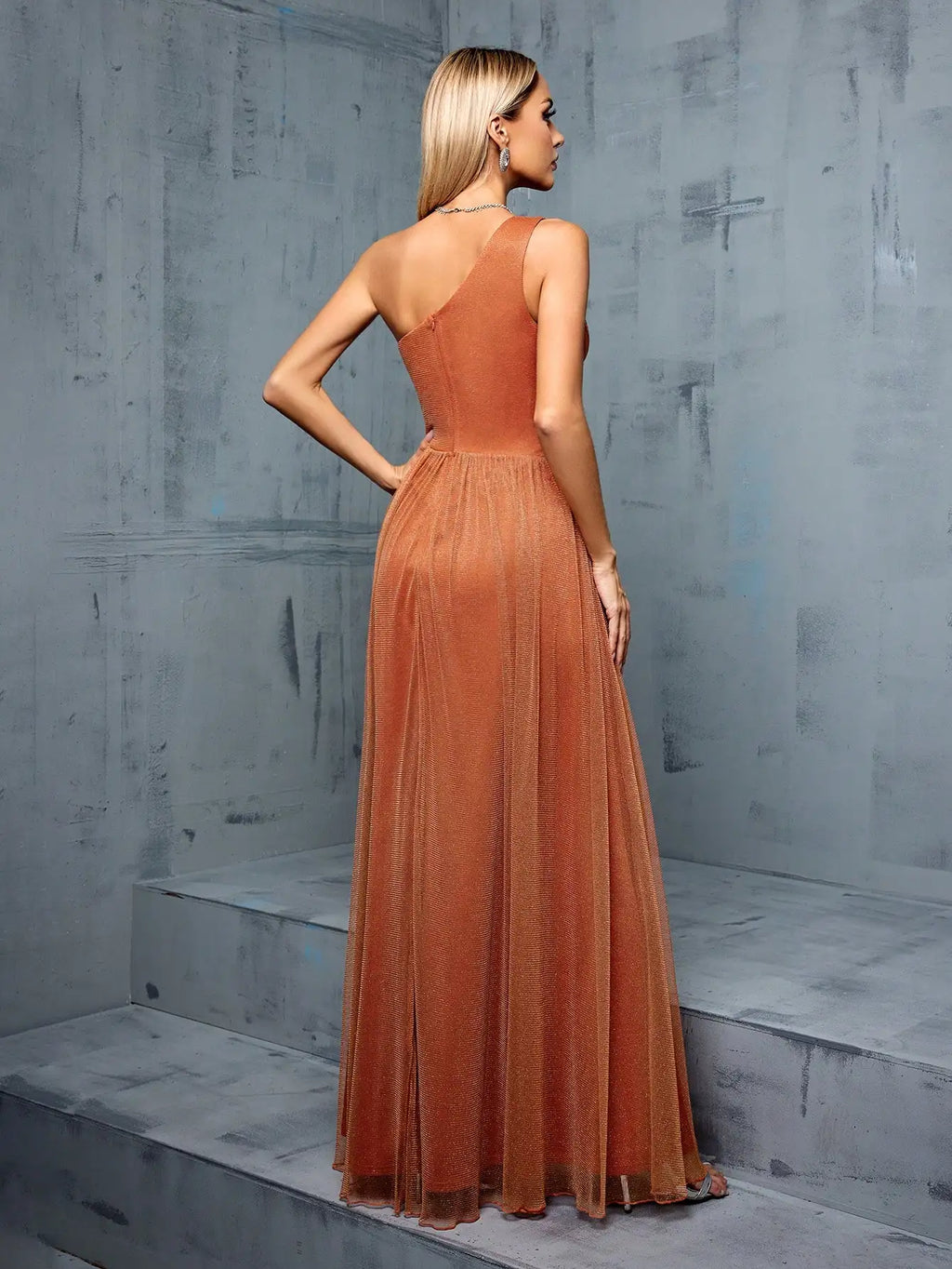 Mgiacy One shoulder asymmetrical chest pleats waist hollowed-out slit A swing mesh long skirt Evening gown Ball dress