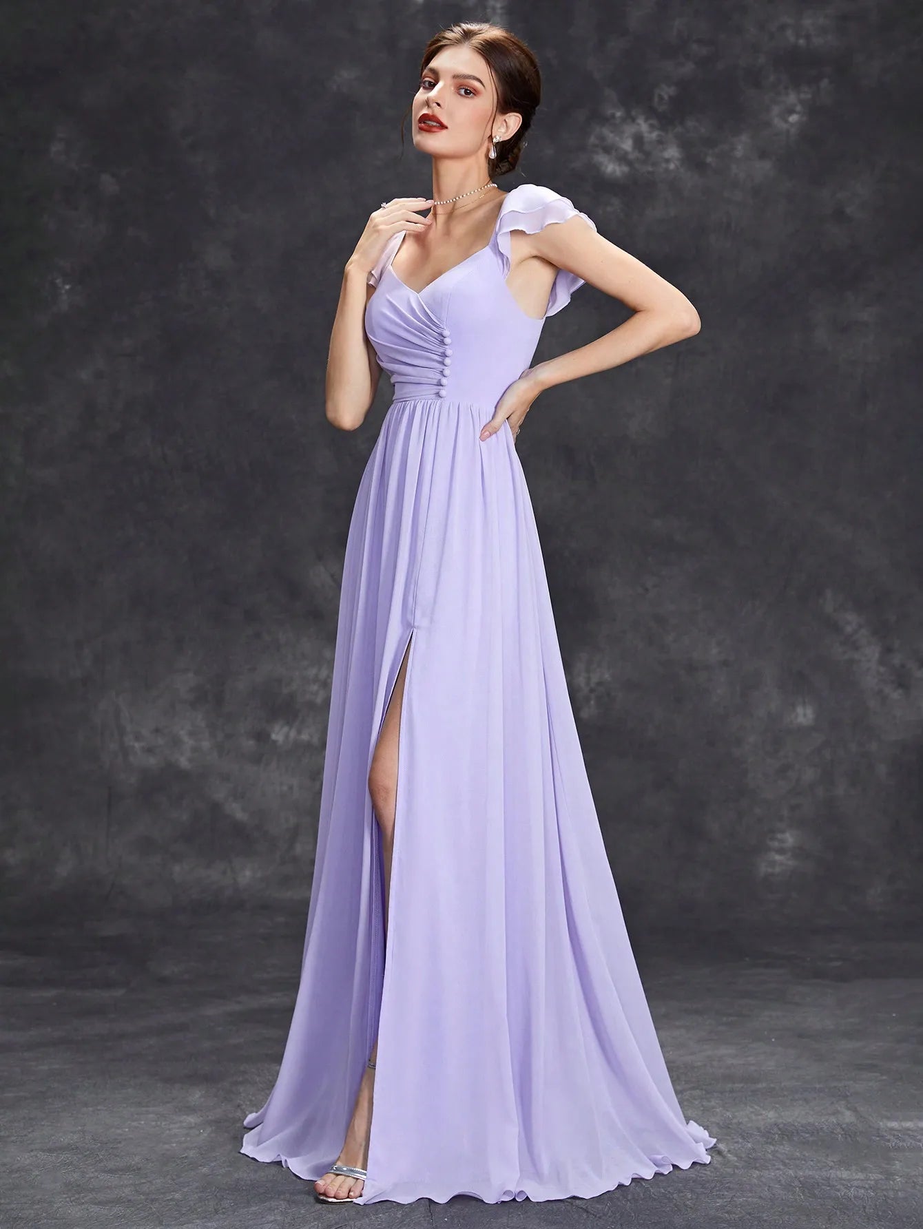 Mgiacy Hufeisenkragen, Rüschenärmel, Verschluss, offener Abendkleid, Ballkleid, Partykleid, Brautjungfernkleid