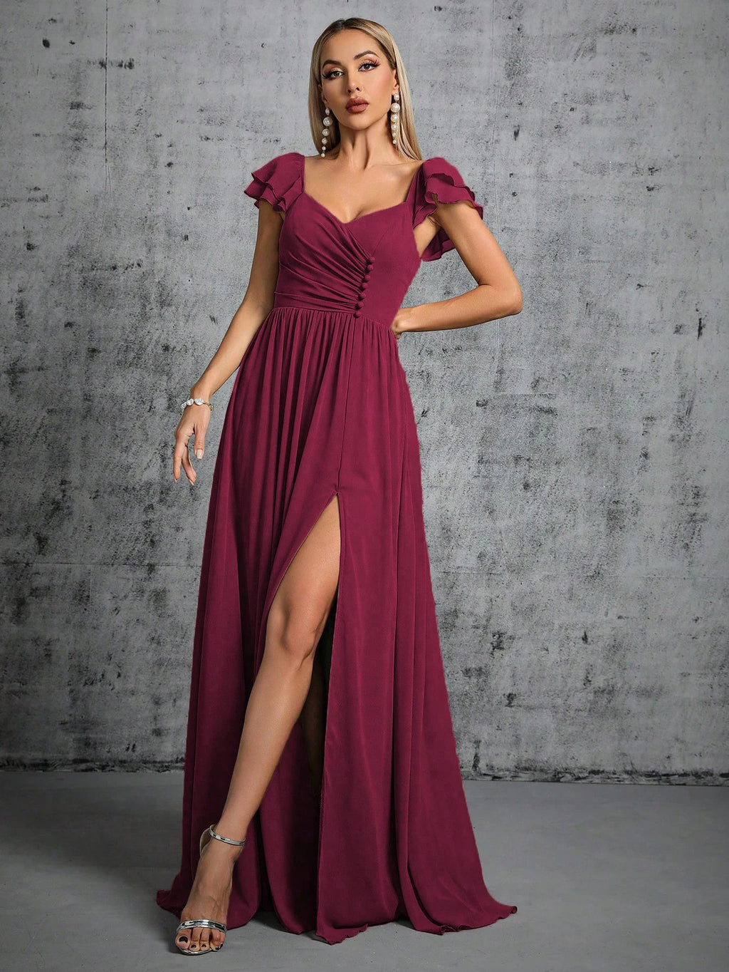 Mgiacy Hufeisenkragen, Rüschenärmel, Verschluss, offener Abendkleid, Ballkleid, Partykleid, Brautjungfernkleid