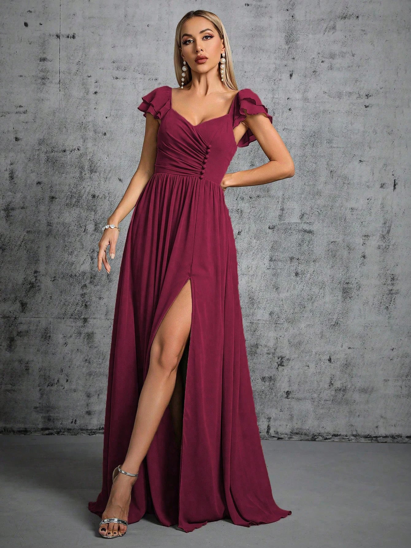 Mgiacy Hufeisenkragen, Rüschenärmel, Verschluss, offener Abendkleid, Ballkleid, Partykleid, Brautjungfernkleid