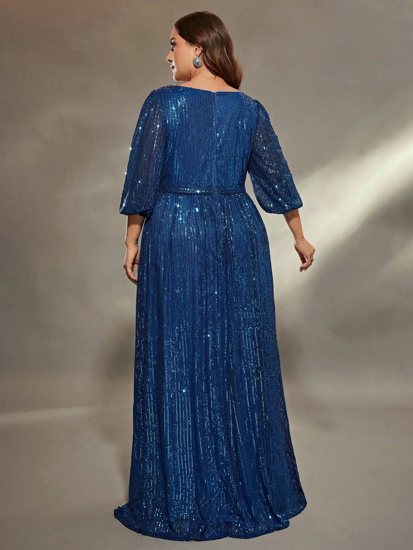Mgiacy plus size V-neck bust pleated mid-long sleeve A-frame sequin long dress Evening gown PROM dress Party dress