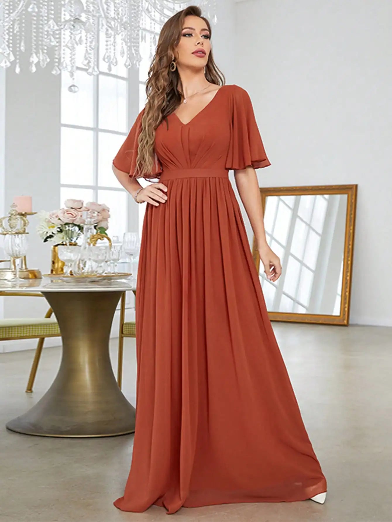 Vestido de gasa con dobladillo de manga corta acampanado con cuello en V Mgiacy