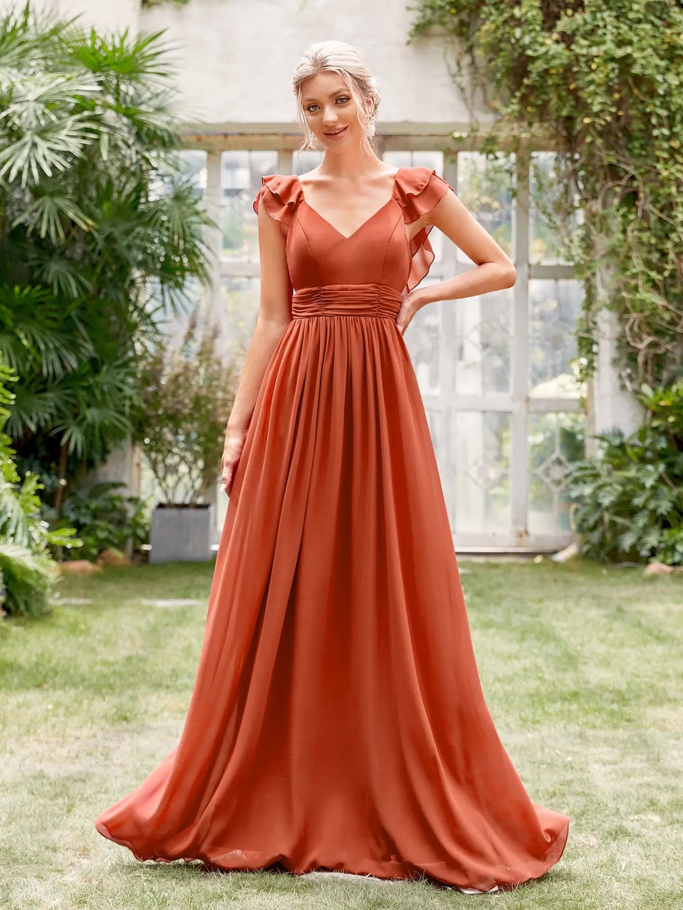 V-neck cap sleeve ruffle lace Extra long evening gown Ball dress Party dress Bridesmaid dress
