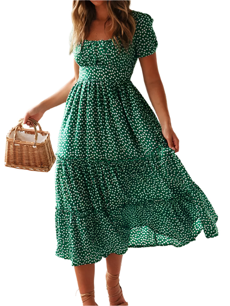 Vintage Print Puff Sleeve summer Beach sweet dresses Casual Square collar floral maxi long dress