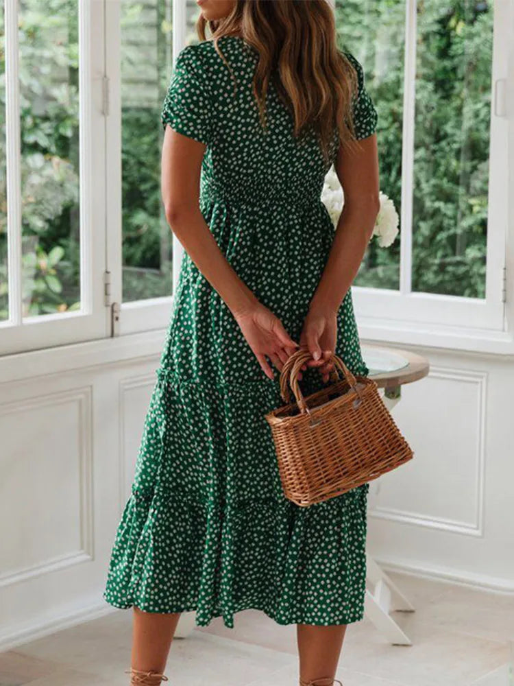 Vintage Print Puff Sleeve summer Beach sweet dresses Casual Square collar floral maxi long dress