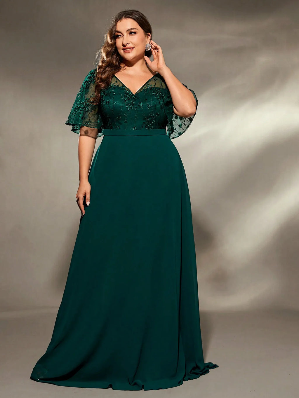 plus size V-neck See-through trumpet sleeve embroidered chiffon full skirt Evening gown Ball dress Party dress