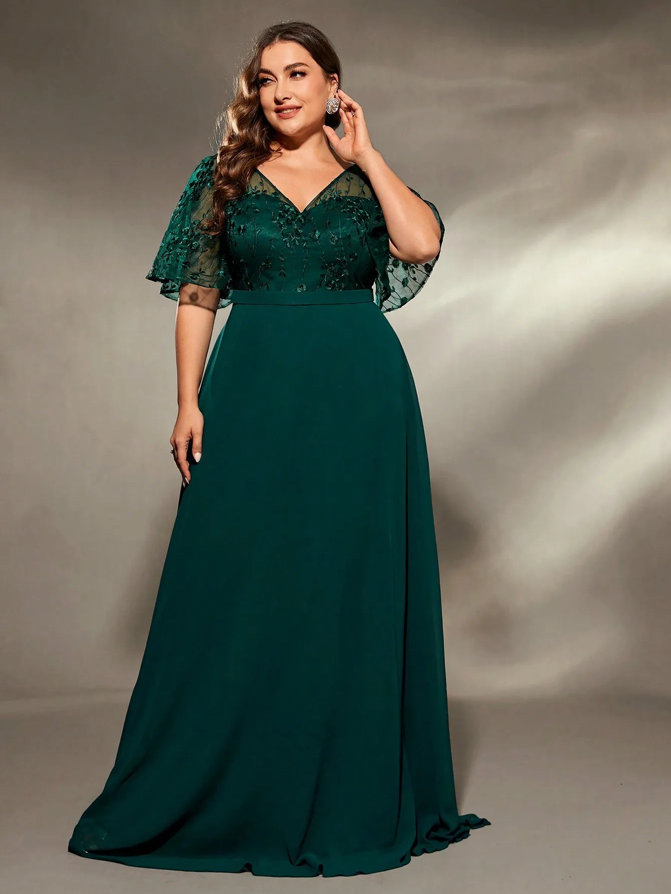 plus size V-neck See-through trumpet sleeve embroidered chiffon full skirt Evening gown Ball dress Party dress