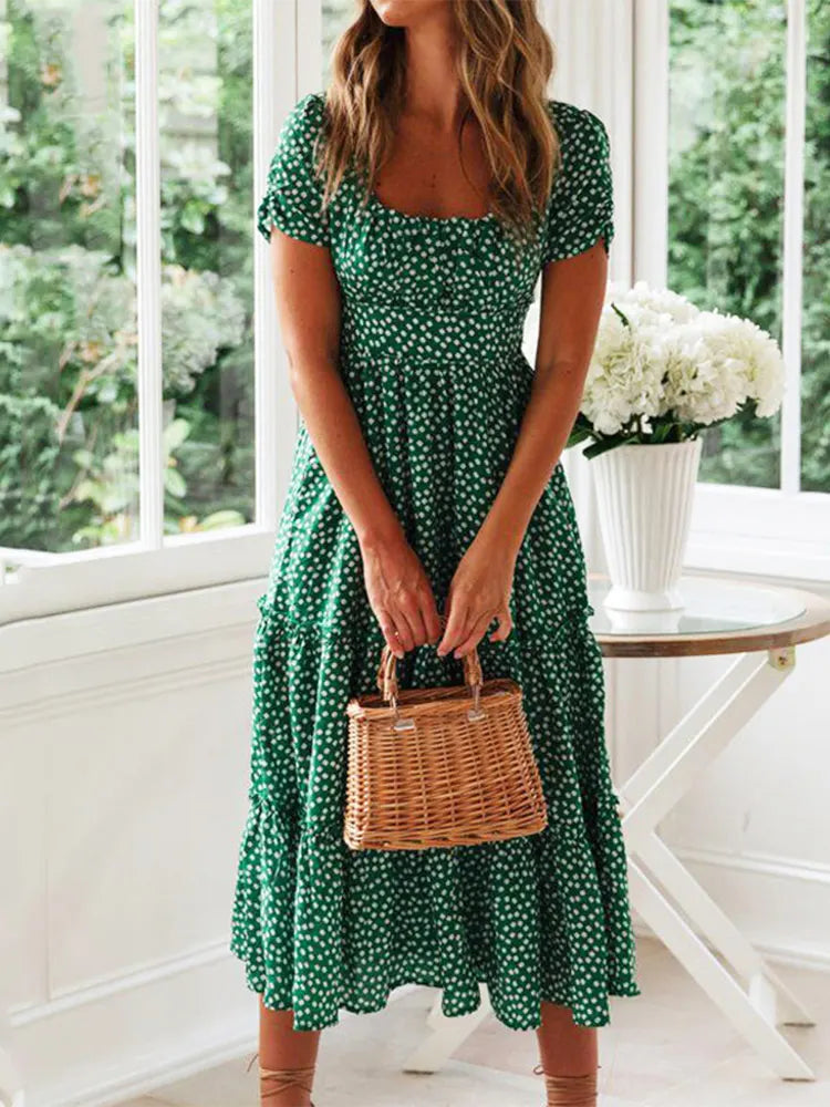 Vintage Print Puff Sleeve summer Beach sweet dresses Casual Square collar floral maxi long dress