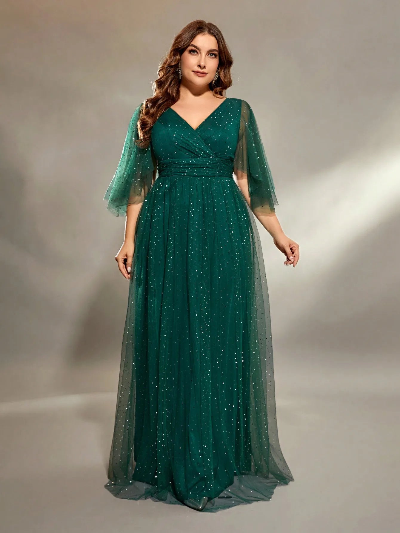 plus size V-neck cross chest pleats irregular long sleeve fillet netting A full skirt Evening gown Ball dress Party dress