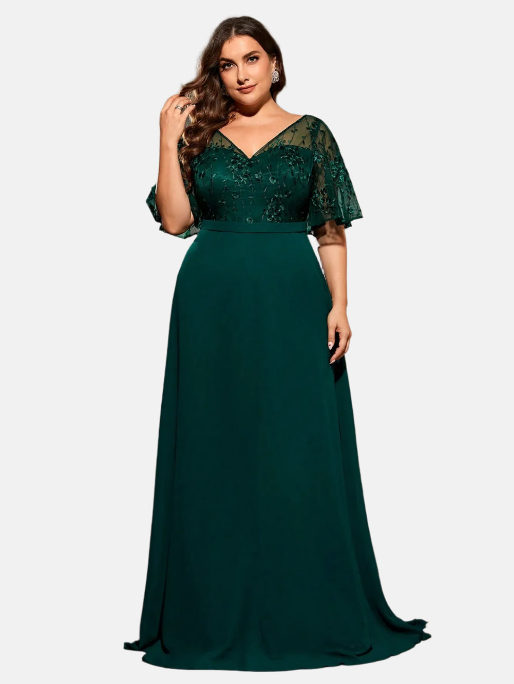 plus size V-neck See-through trumpet sleeve embroidered chiffon full skirt Evening gown Ball dress Party dress