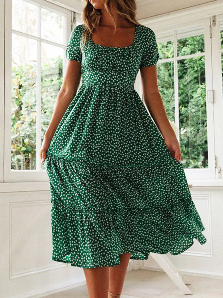 Vintage Print Puff Sleeve summer Beach sweet dresses Casual Square collar floral maxi long dress