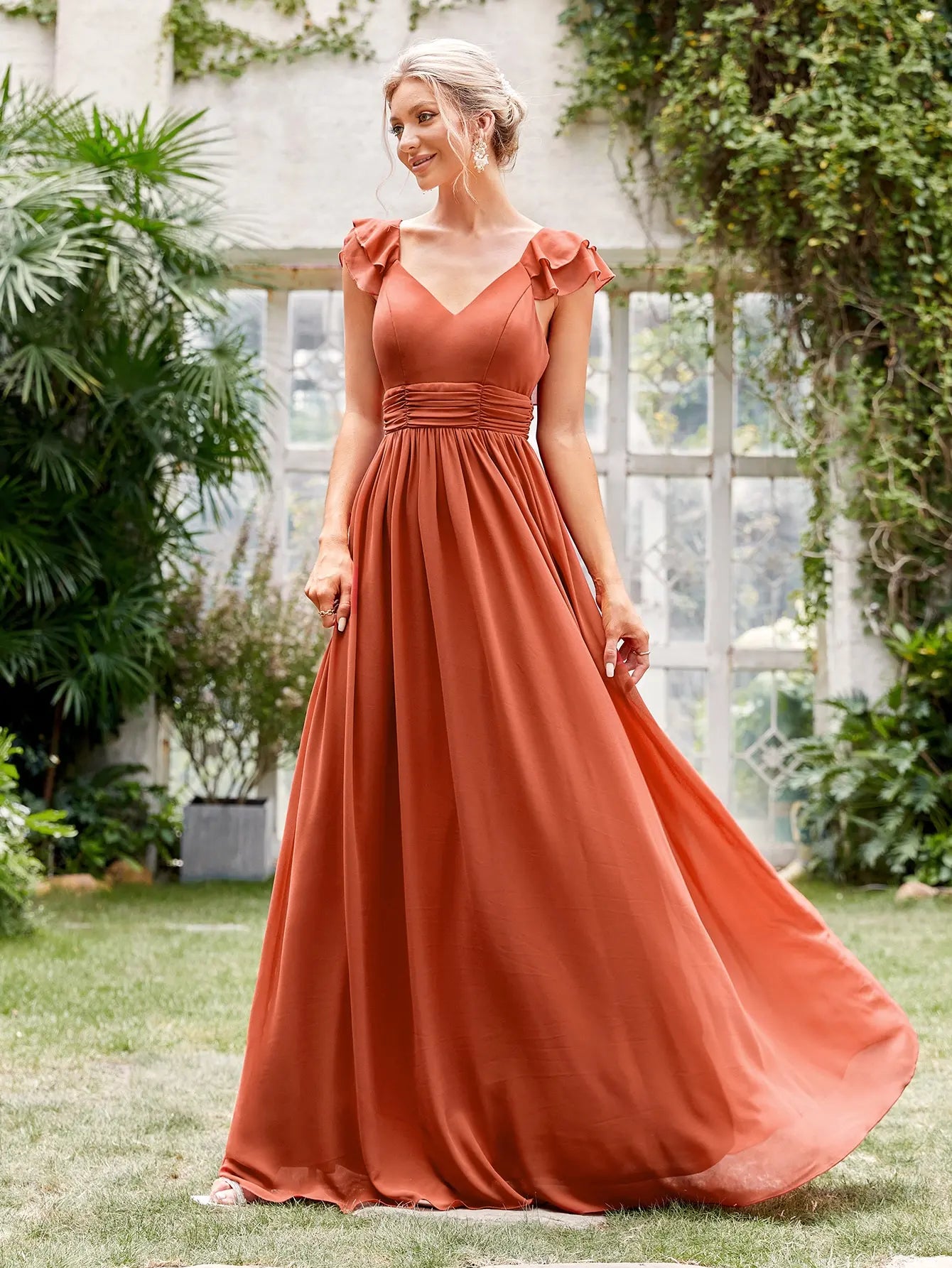 V-neck cap sleeve ruffle lace Extra long evening gown Ball dress Party dress Bridesmaid dress