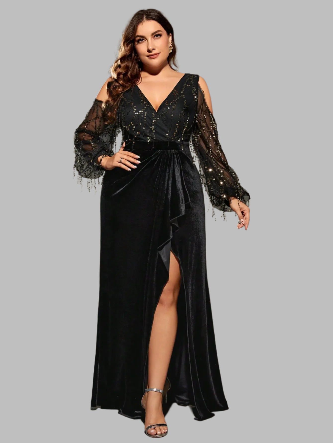 plus size Deep V cross neck off-the-shoulder sequin splicing velvet irregular lotus leaf matching slit dress Evening gown