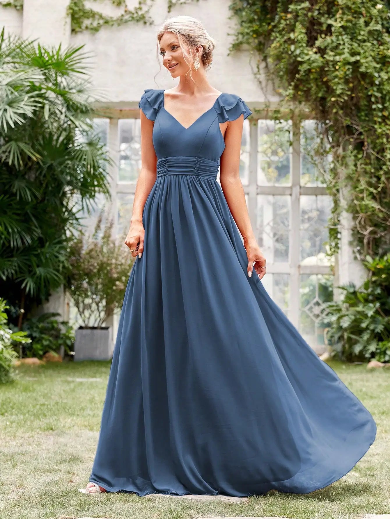 V-neck cap sleeve ruffle lace Extra long evening gown Ball dress Party dress Bridesmaid dress