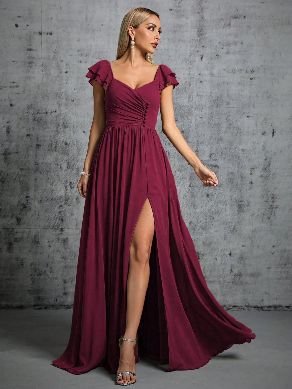 Mgiacy Hufeisenkragen, Rüschenärmel, Verschluss, offener Abendkleid, Ballkleid, Partykleid, Brautjungfernkleid