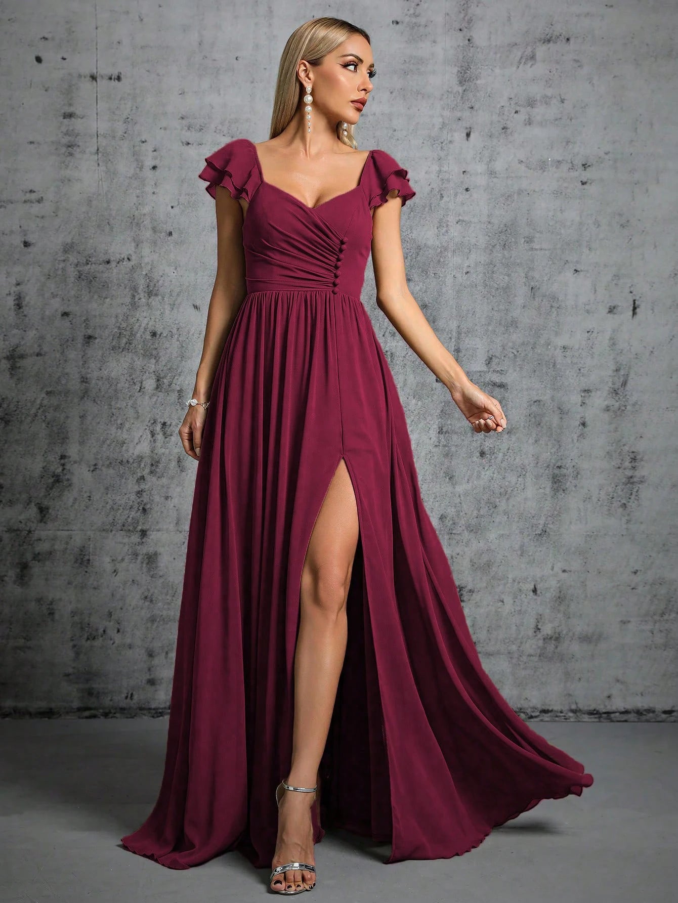 Mgiacy Hufeisenkragen, Rüschenärmel, Verschluss, offener Abendkleid, Ballkleid, Partykleid, Brautjungfernkleid