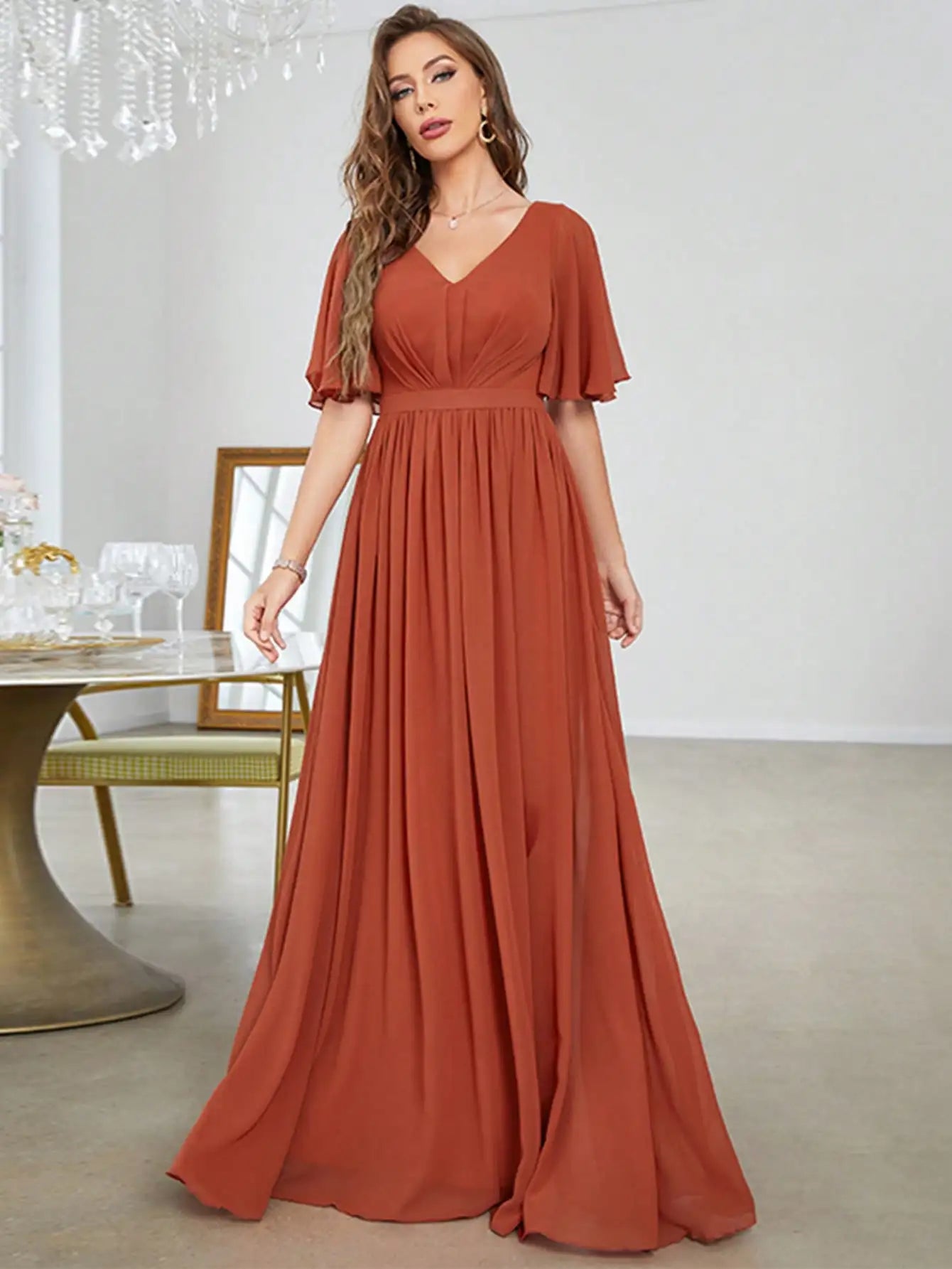 Vestido de gasa con dobladillo de manga corta acampanado con cuello en V Mgiacy