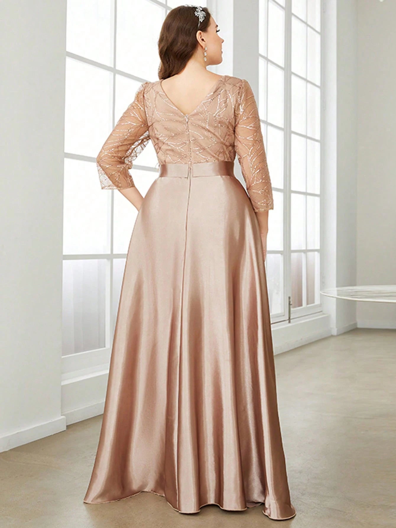 Crew neck long sleeve sequin patchwork satin long gown ball dress Party dress Bridesmaid dress