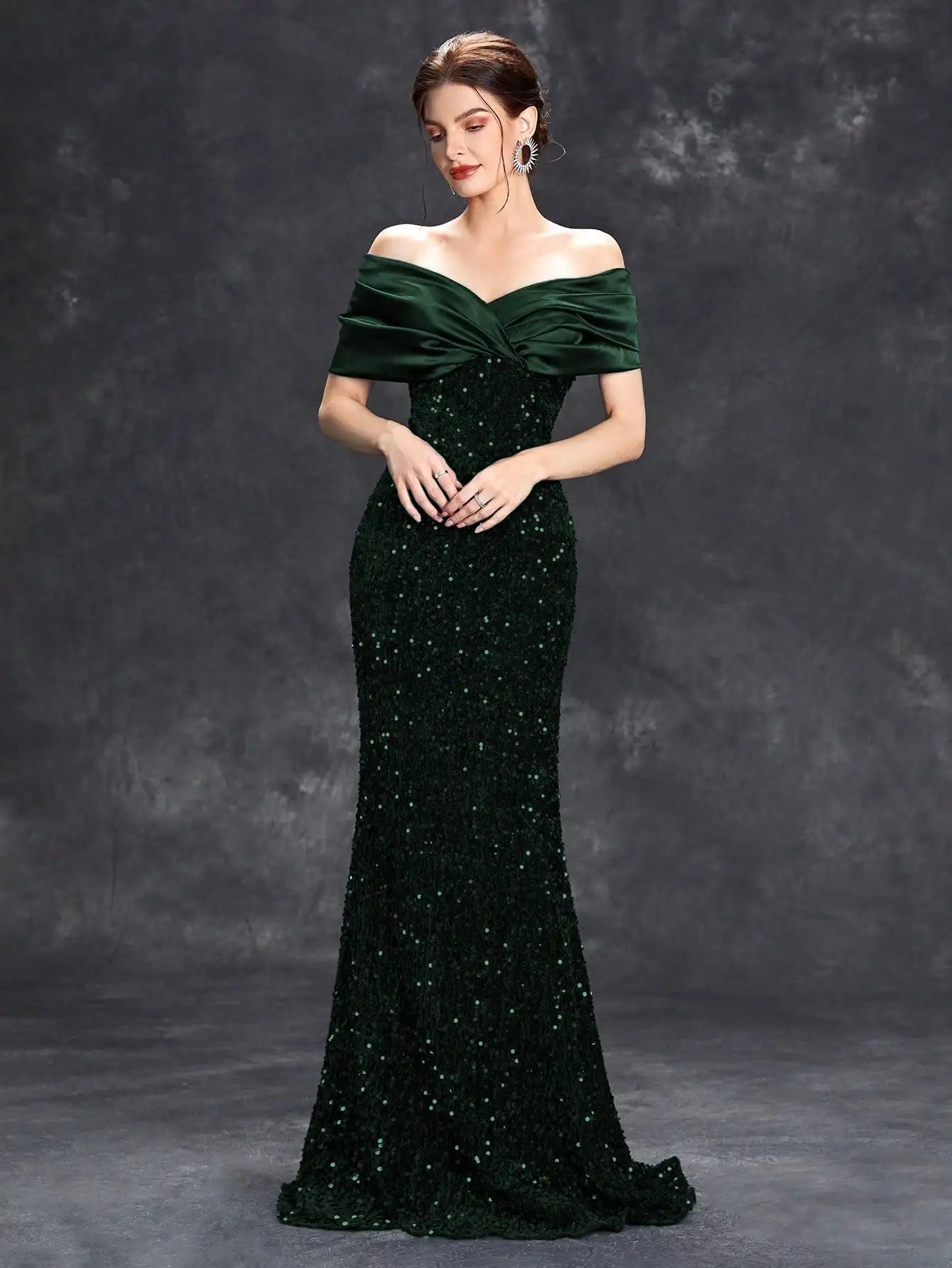 Line neck pleated tint sequin velvet fishtail Dress Evening Gown Ball dress Party dress Bridesmaid dress