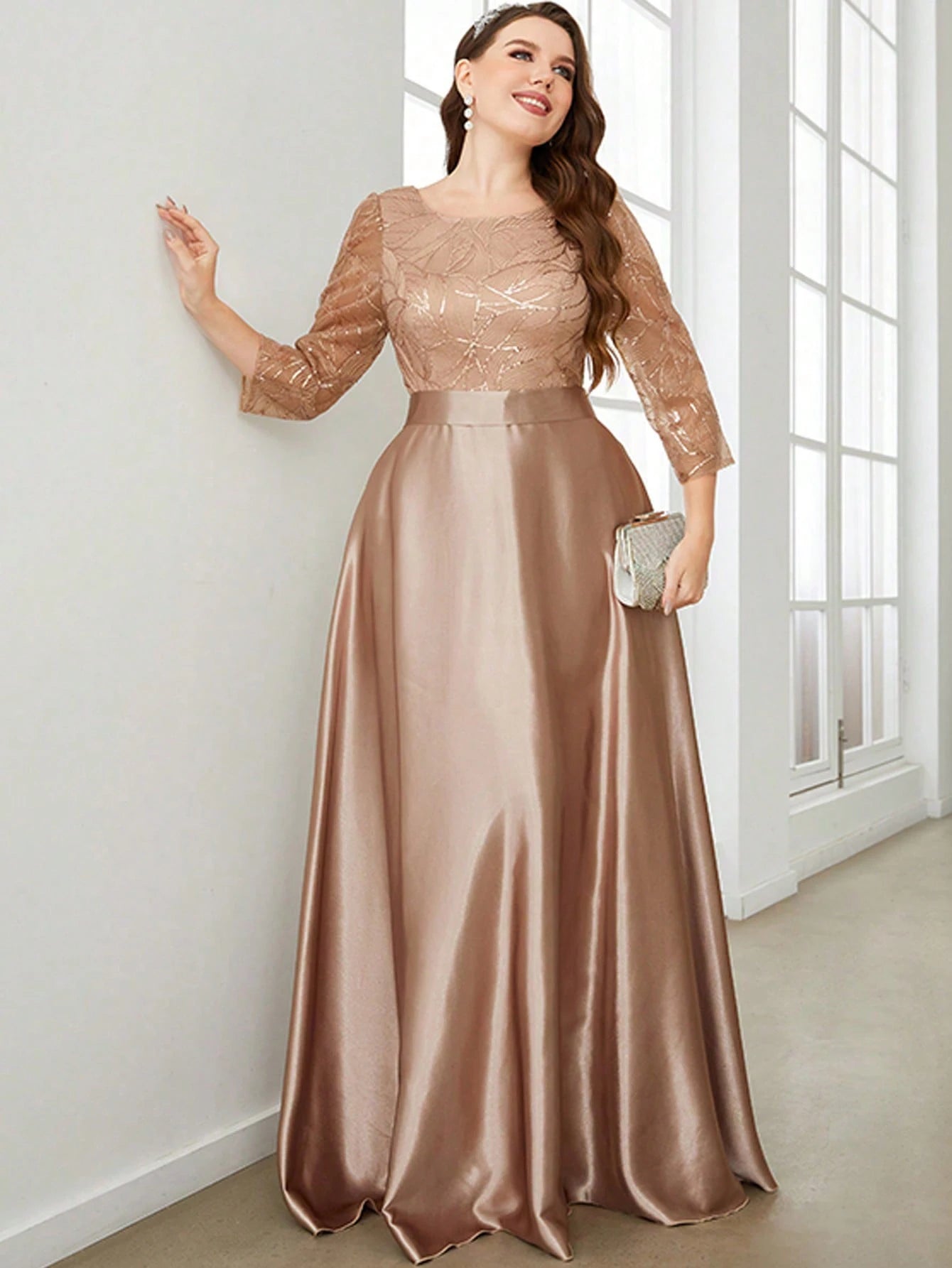 Crew neck long sleeve sequin patchwork satin long gown ball dress Party dress Bridesmaid dress