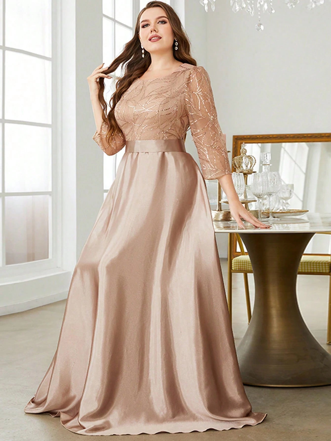 Crew neck long sleeve sequin patchwork satin long gown ball dress Party dress Bridesmaid dress