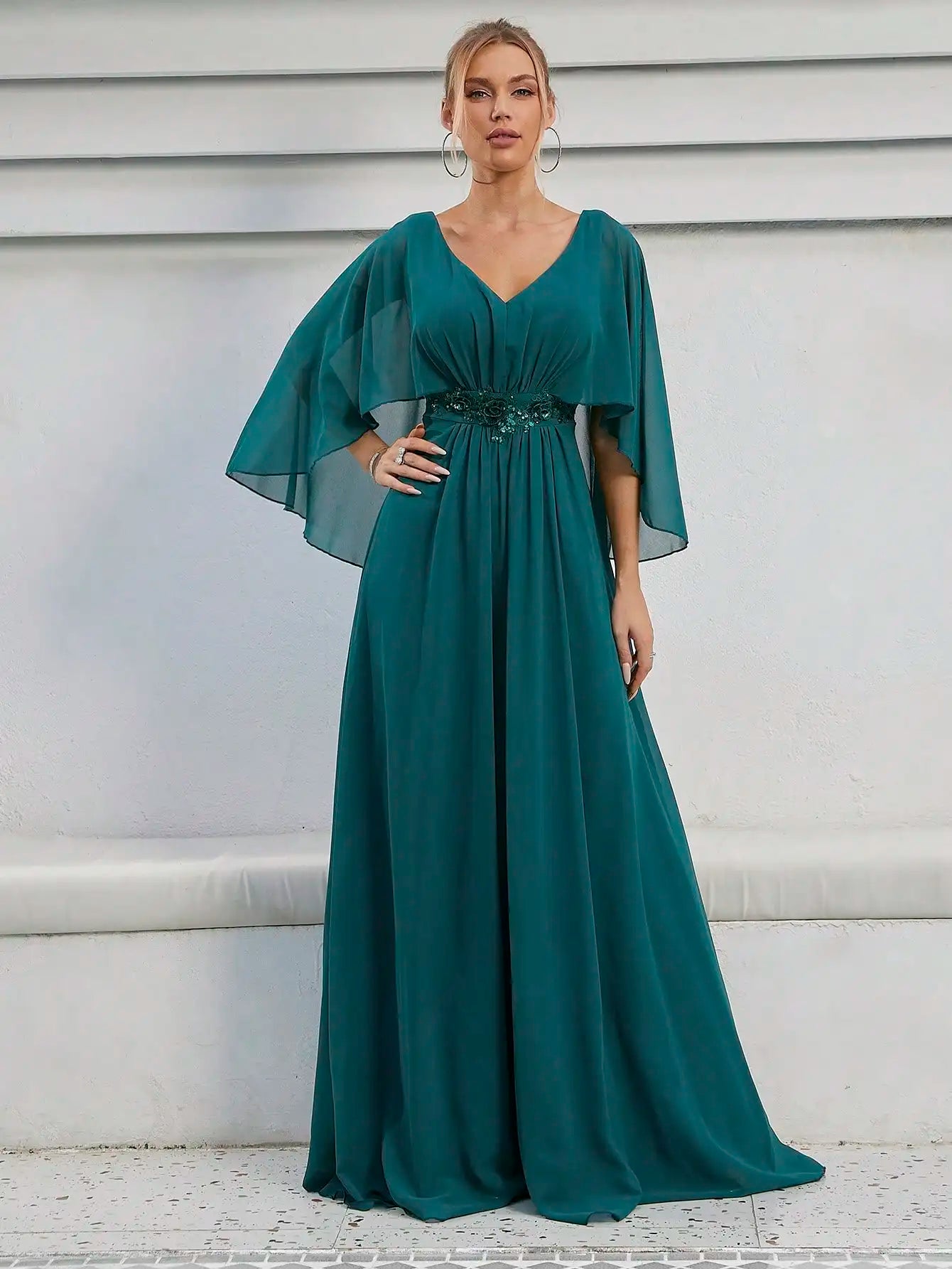 V-neck flared sleeve sequin machine embroidered applique dress