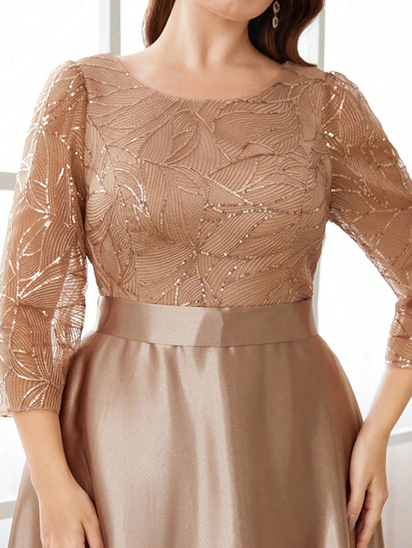 Crew neck long sleeve sequin patchwork satin long gown ball dress Party dress Bridesmaid dress
